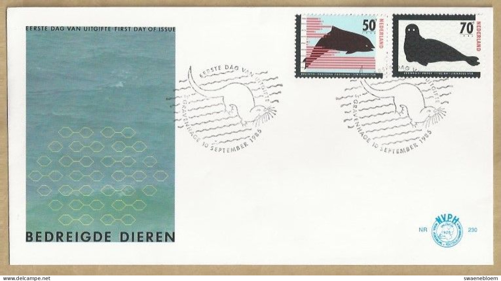 NL.- FDC. NVPH Nr. 230. EERSTE DAG VAN UITGIFTE. FIRST DAY OF ISSUE. 10-09-1985. BEDREIGDE DIEREN. BRUINVIS. ZEEHOND. - FDC