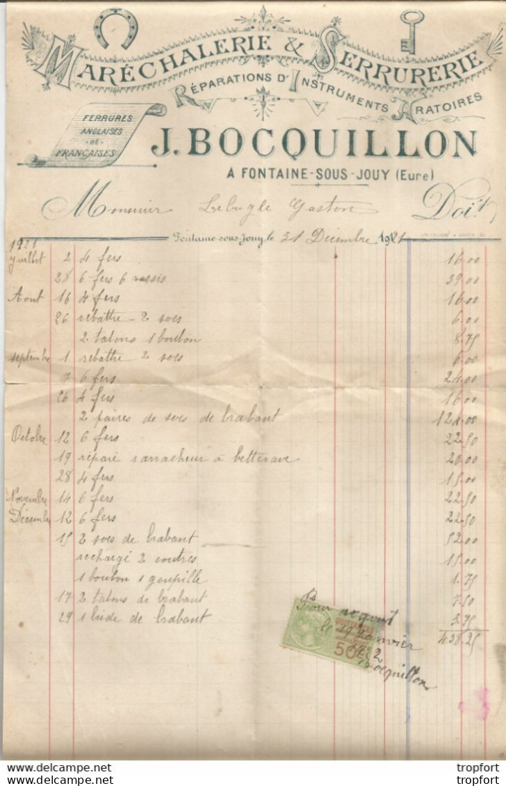 PG / Facture J. BOCQUILLON Fontaine-sous-jouy (Eure ) MARECHALERIE SERRURERIE 1921 - Straßenhandel Und Kleingewerbe