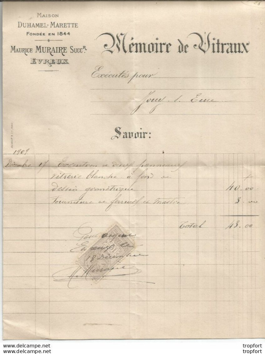 PG / Facture Feuillet MEMOIRE De VITRAUX EVREUX Duhamel Marette 1909 JOUY-SUR-EURE Vitrail - Petits Métiers