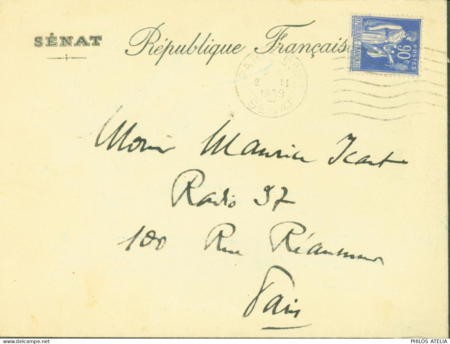 Enveloppe Entête Sénat YT Paix N°368 Perforé S CAD Paris Sénat 2 II 1939 - Storia Postale