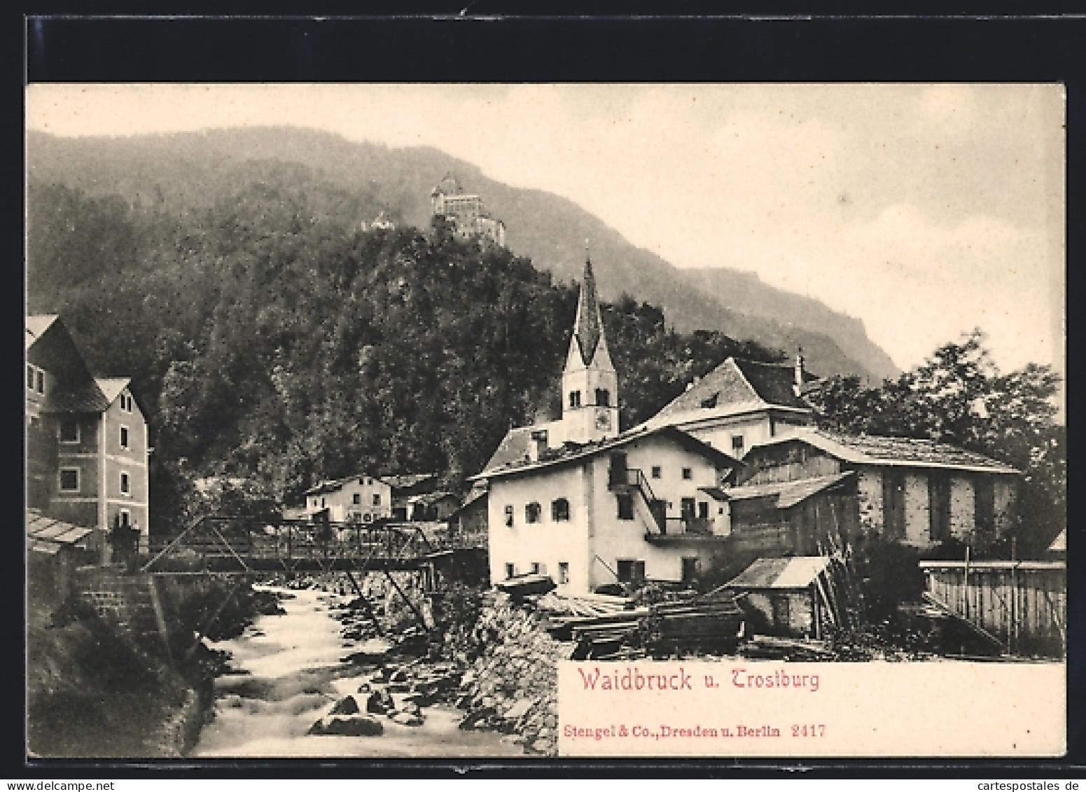 Cartolina Waidbruck Bei Trostburg, Ortspartie Mit Bachbrücke Und Kirche  - Autres & Non Classés