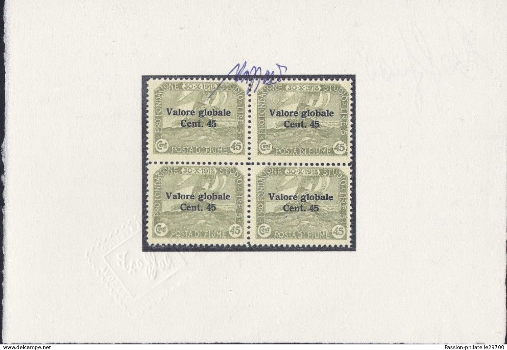 Fiume, Valore Globale, 45 Cent, Fat, Narrow Letters, Modificated Overprint, Sass. No.112, MNH Block Of Four, Certificate - Fiume