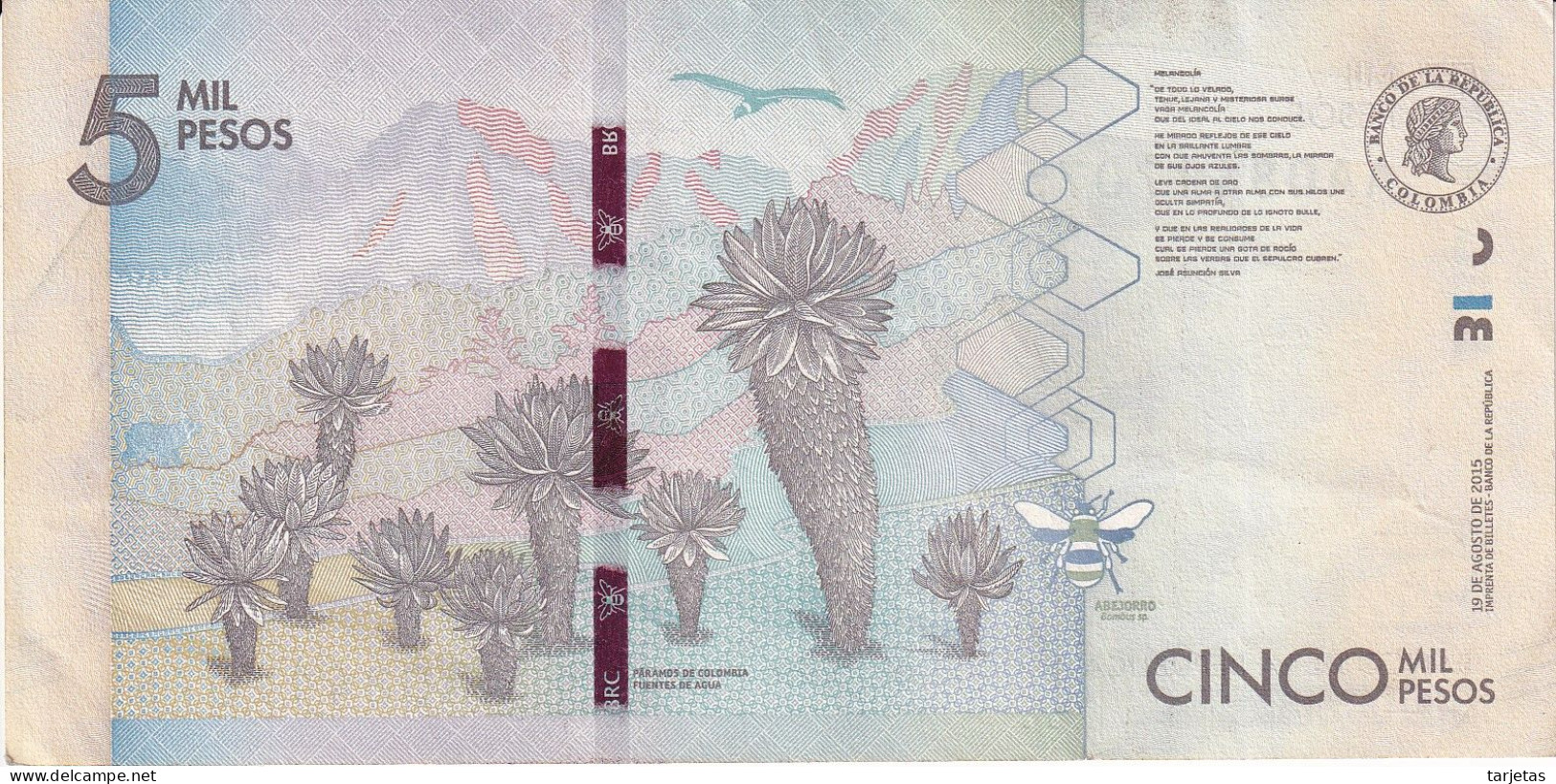 BILLETE DE COLOMBIA DE 5000 PESOS DEL AÑO 2015 EN CALIDAD EBC (XF) (BANK NOTE) - Colombia