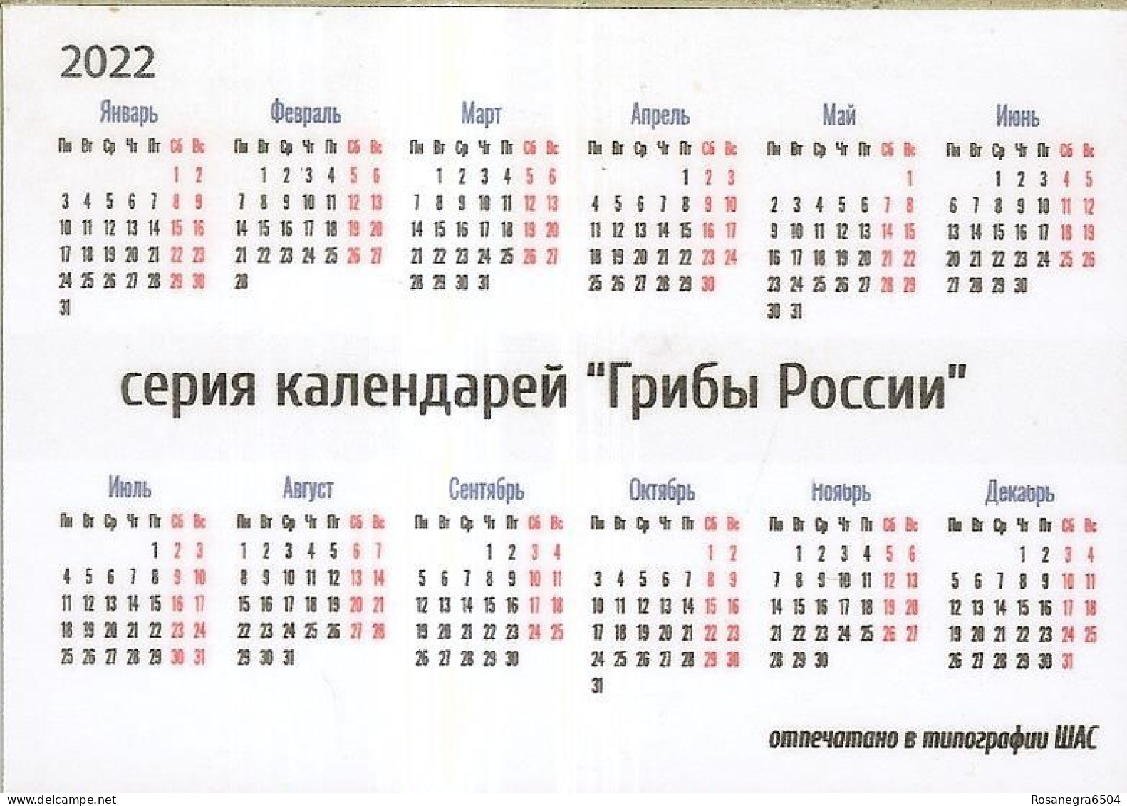 48 RUSSIAN POCKET CALENDARS - YEAR 2022 - MUSHROOMS