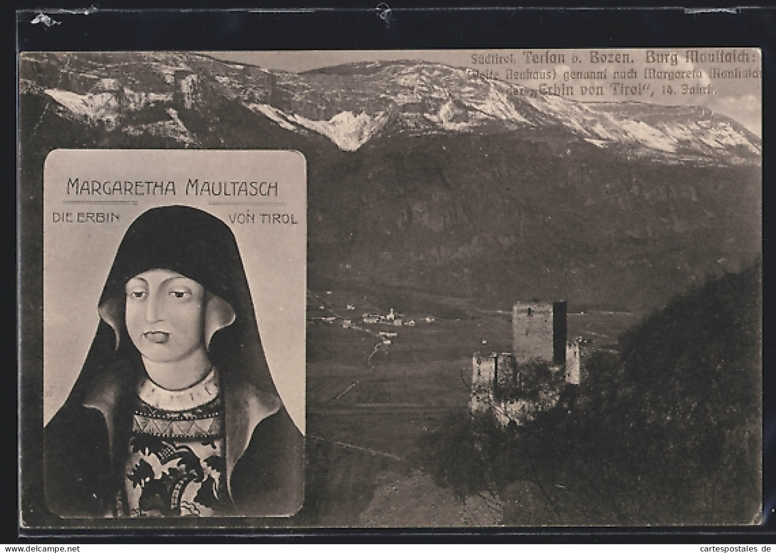 Cartolina Terlan /Bozen, Portrait Margaretha Maultasch, Ortsansicht Mit Turm Aus Der Vogelschau  - Bolzano