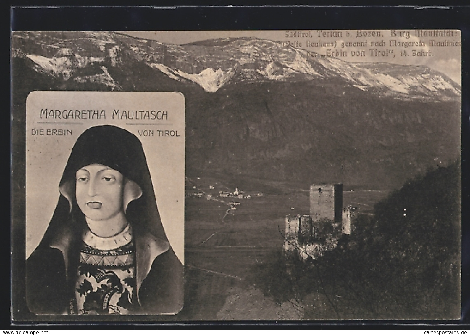 Cartolina Terlan /Bozen, Portrait Margaretha Maultasch, Ortsansicht Mit Turm, Von Oben Gesehen  - Bolzano (Bozen)