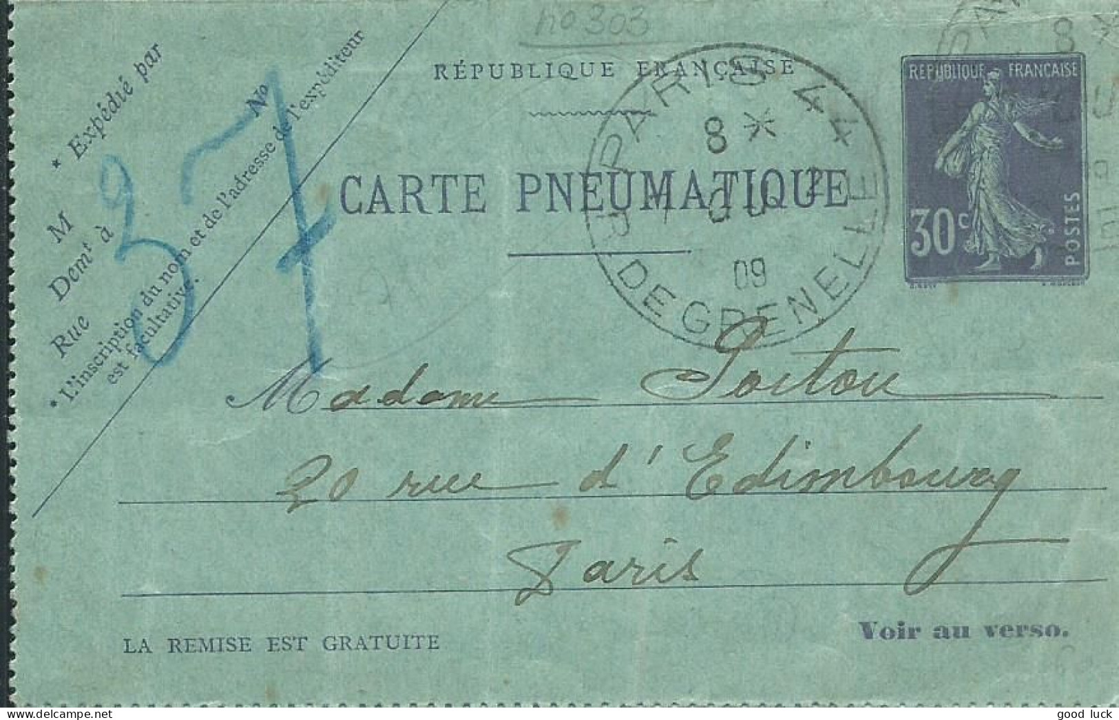 FRANCE CARTE SEMEUSE 30c PARIS 44 POUR PARIS DE 1909 LETTRE COVER - Pneumatic Post