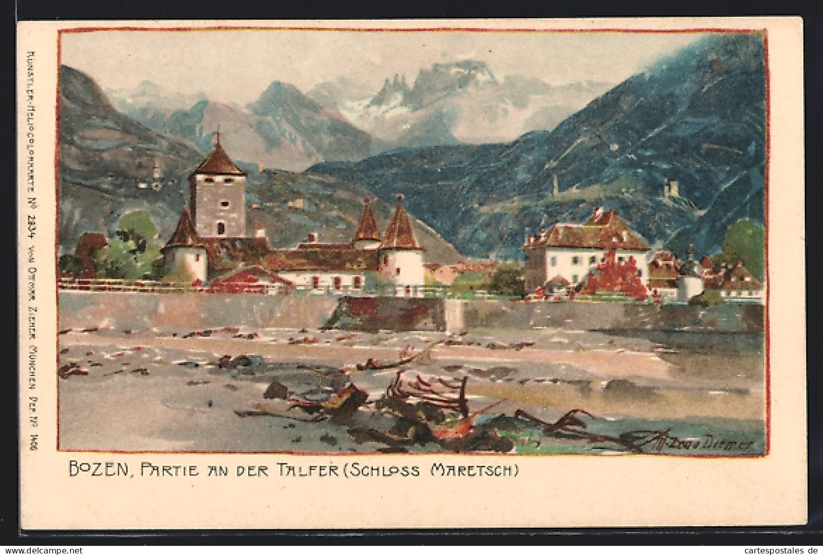 Artista-Cartolina Zeno Diemer: Bozen, Partie An Der Talfer, Schloss Maretsch  - Bolzano