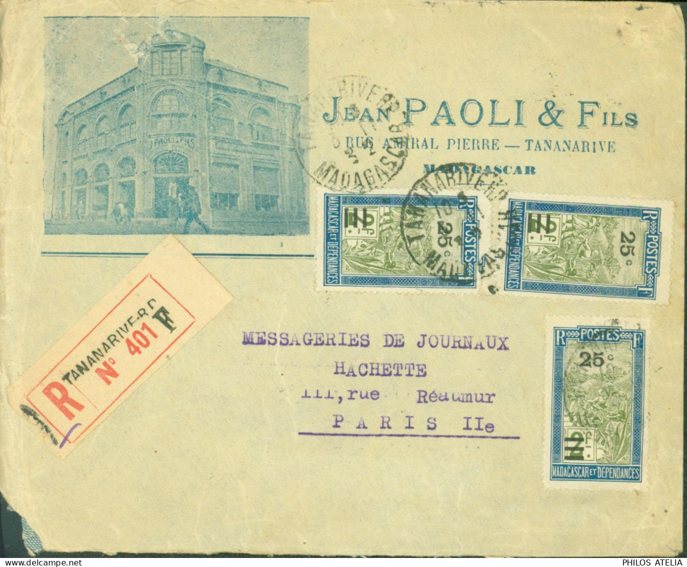 Enveloppe Publicitaire Illustrée Jean Paoli Agence Tananarive Recommandé YT Madagascar N°188 X3 CAD Tananarive 1932 - Storia Postale