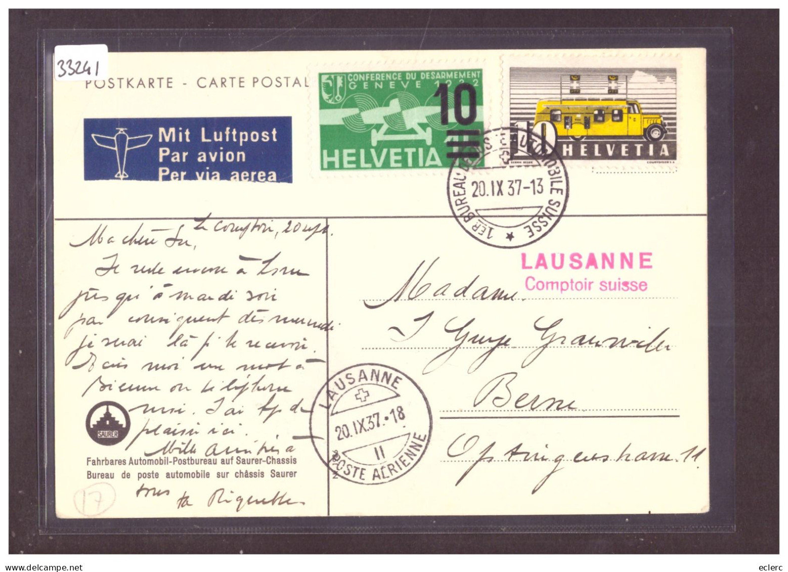 FORMAT 10x15cm - LAUSANNE - POSTE AERIENNE - COMPTOIR SUISSE - BUREAU DE POSTE AUTOMOBILE - AUTOMOBIL POSTBUREAU - TB - Lausanne