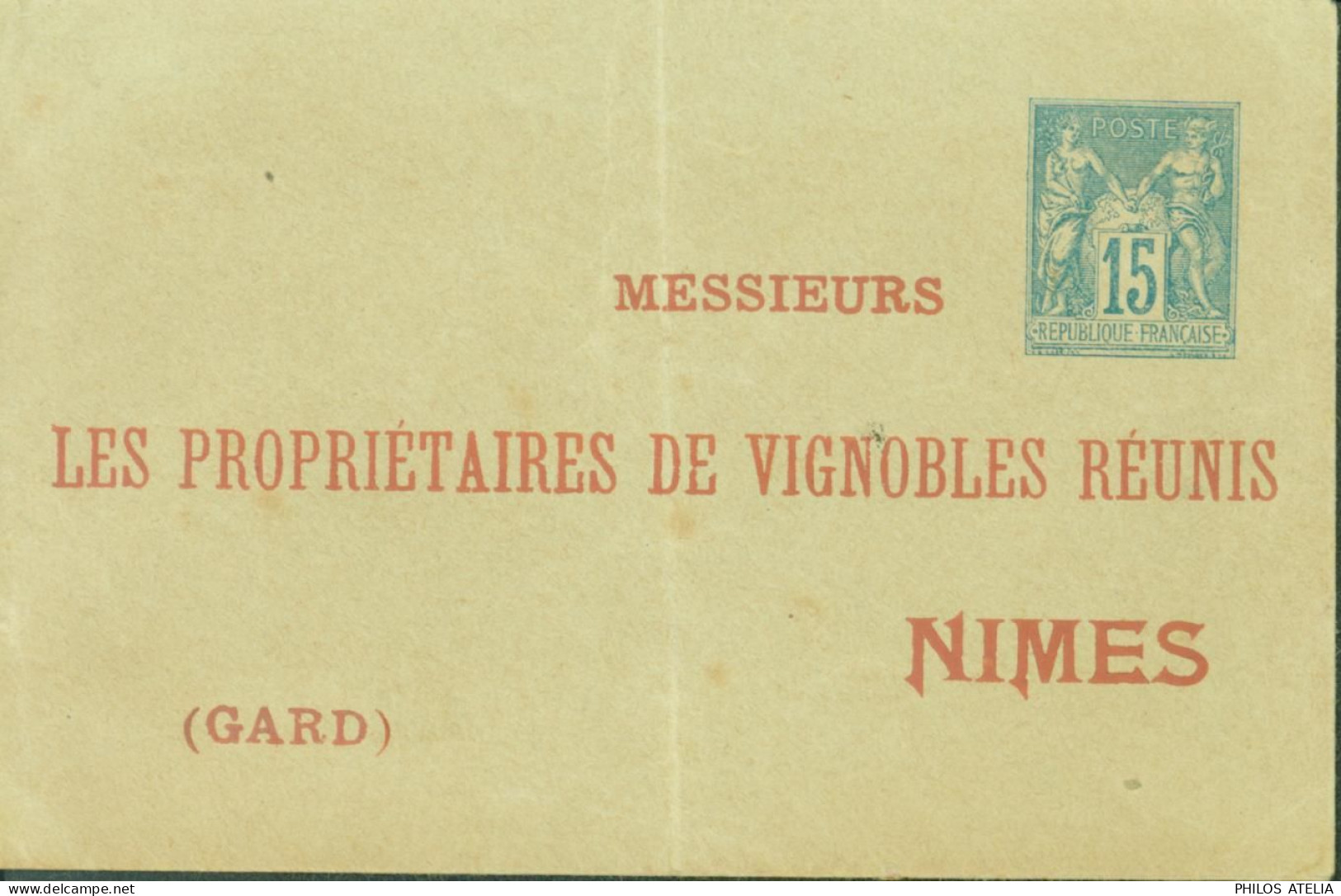 Entier Enveloppe 11,5x7,5 Vert Bleu Sage 15c Bleu Neuf Sans Date Repiquage Propriétaires Vignobles Réunis Nîmes - Overprinted Covers (before 1995)