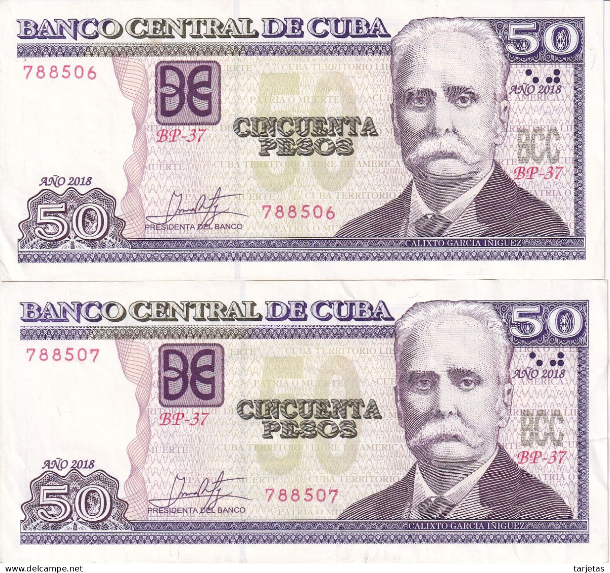 PAREJA CORRELATIVA DE CUBA DE 50 PESOS DEL AÑO 2018 DE CALIXTO GARCIA (BANKNOTE) - Cuba