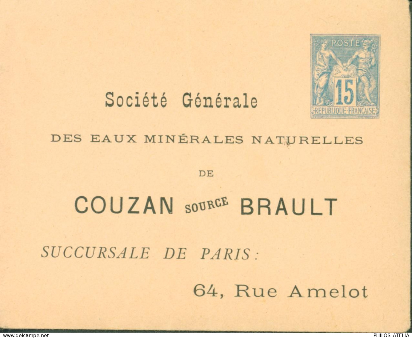 Entier Enveloppe 11x8,5 Saumon Sage 15c Bleu Repiquage Sté Générale Eaux Minérales Naturelles Couzan Source Brault - Bigewerkte Envelop  (voor 1995)