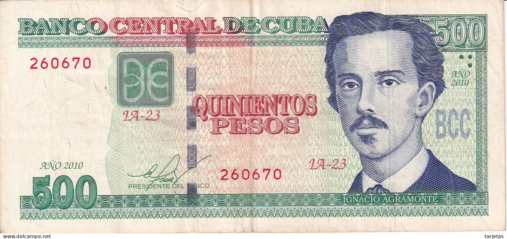 BILLETE DE CUBA DE 500 PESOS DEL AÑO 2010 (BANK NOTE) IGNACIO AGRAMONTE - Kuba