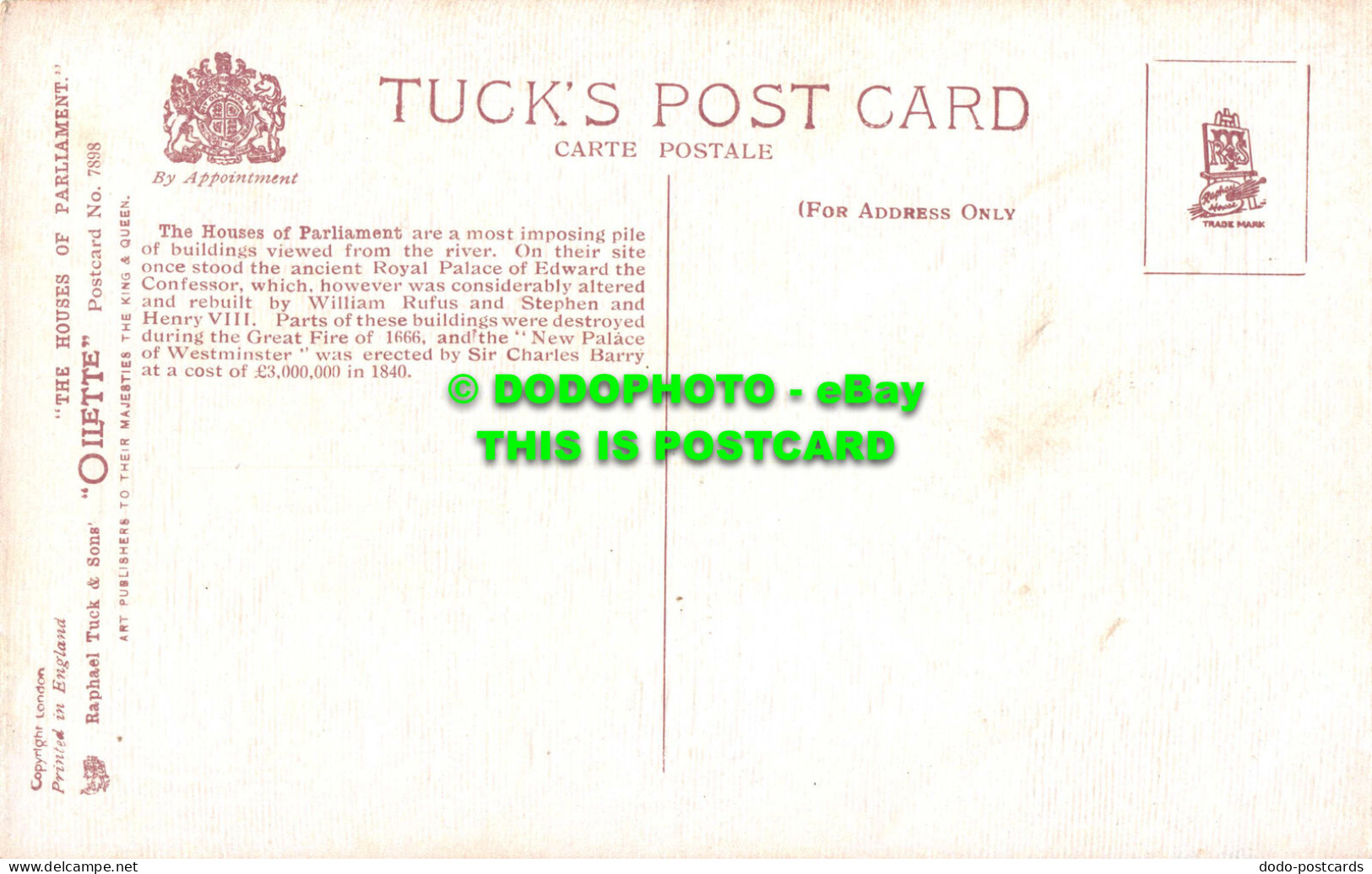 R547939 London. Houses Of Parliament. Tuck. Oilette. Postcard No. 7898. Charles - Andere & Zonder Classificatie