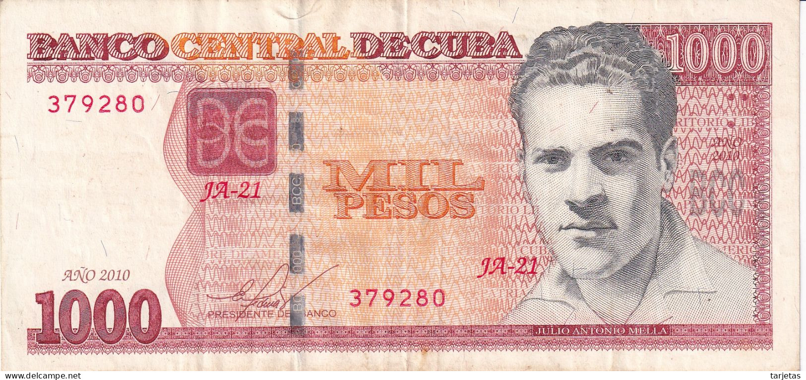 BILLETE DE CUBA DE 1000 PESOS DEL AÑO 2010 (BANK NOTE) JULIO ANTONIO MELLA - Kuba
