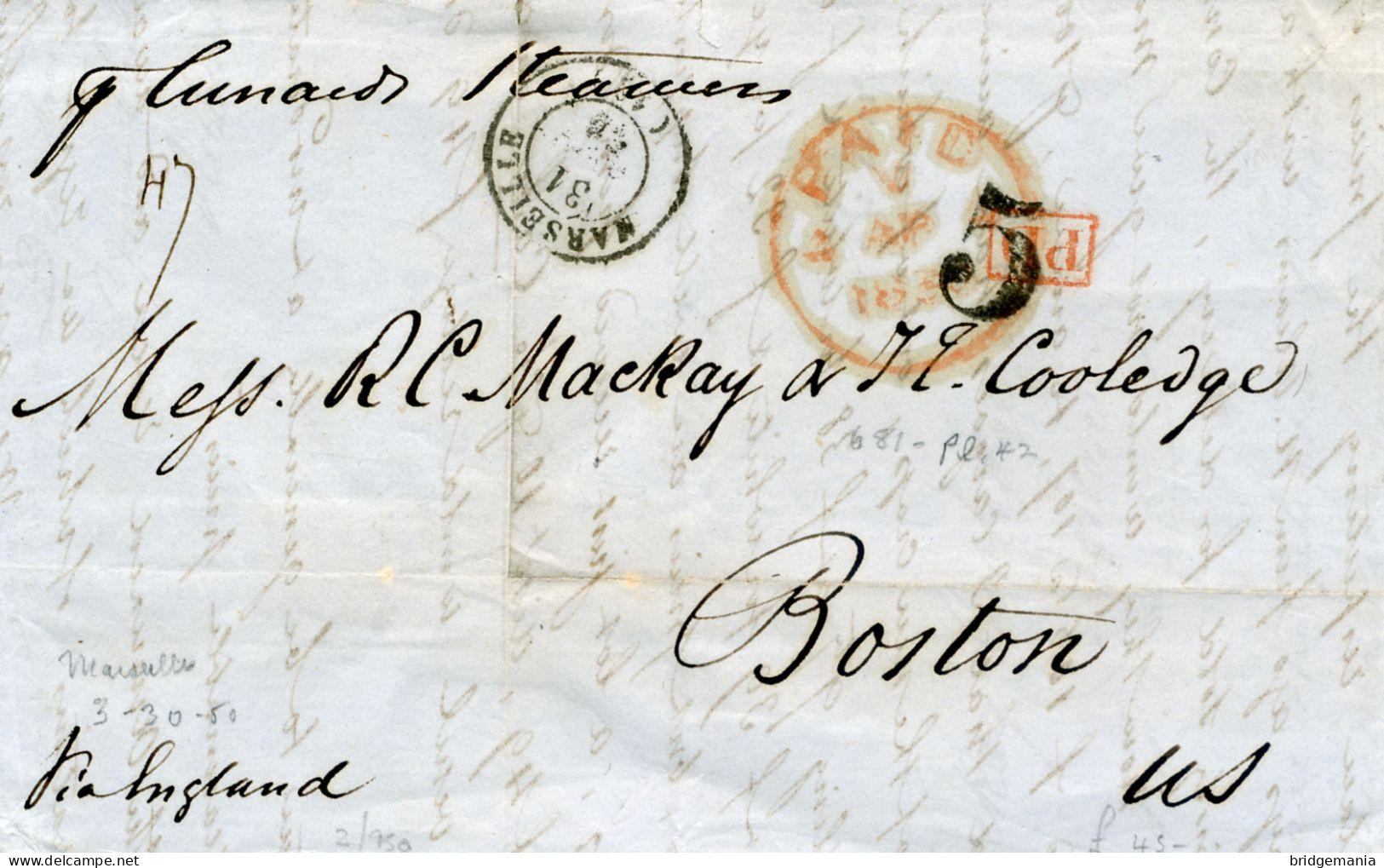 MTM121 - 1850 TRANSATLANTIC LETTER FRANCE TO USA - STEAMER AMERICA SIMPLE RATE - Poststempel