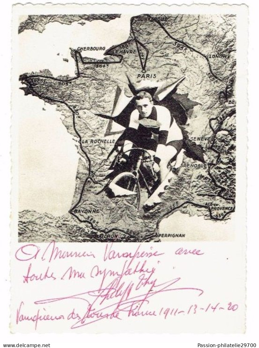 Vainqueur TOUR DE FRANCE 1913-1914-1920 COUREUR CYCLISTE Belge PHILIPPE THYS Carte Géographique Montage Vélo Autographe - Radsport