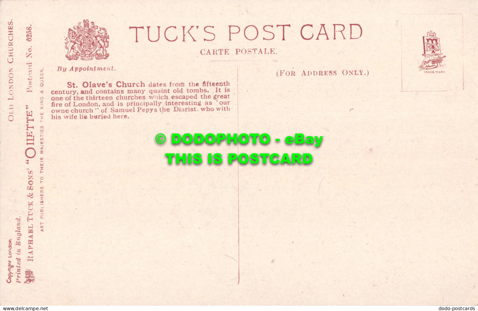 R548049 St. Olaves Church. Old London Churches. Tuck. Oilette. No. 6258 - Other & Unclassified
