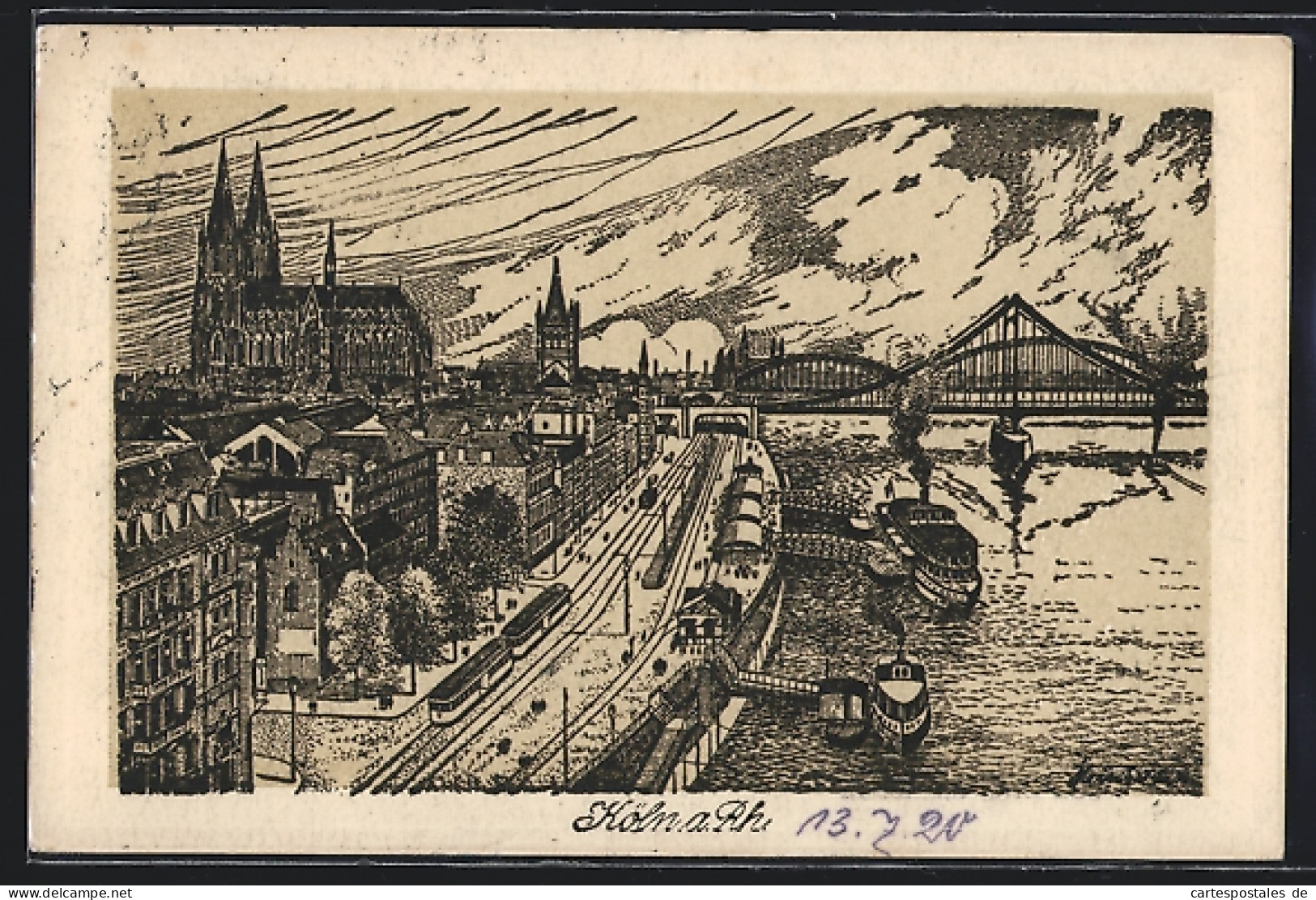 Künstler-AK Köln A. Rh., Stadtansicht Mit Dom Und Flusspartie  - Köln