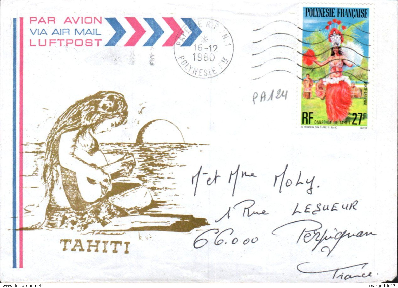 POLYNESIE AFFRANCHISSEMENT COMPOSE SUR LETTRE POUR LA FRANCE 1980 - Storia Postale