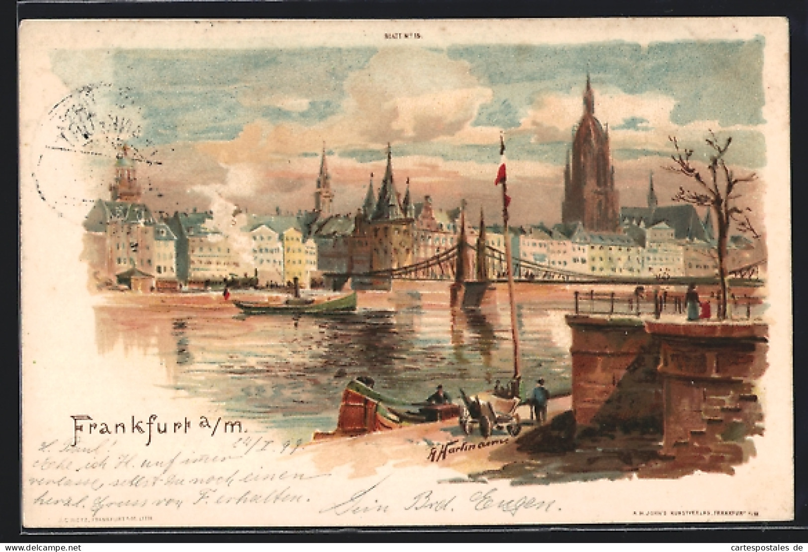 Lithographie Frankfurt A. M., Panorama, Flusspartie Mit Dampfer Und Brücke  - Frankfurt A. Main