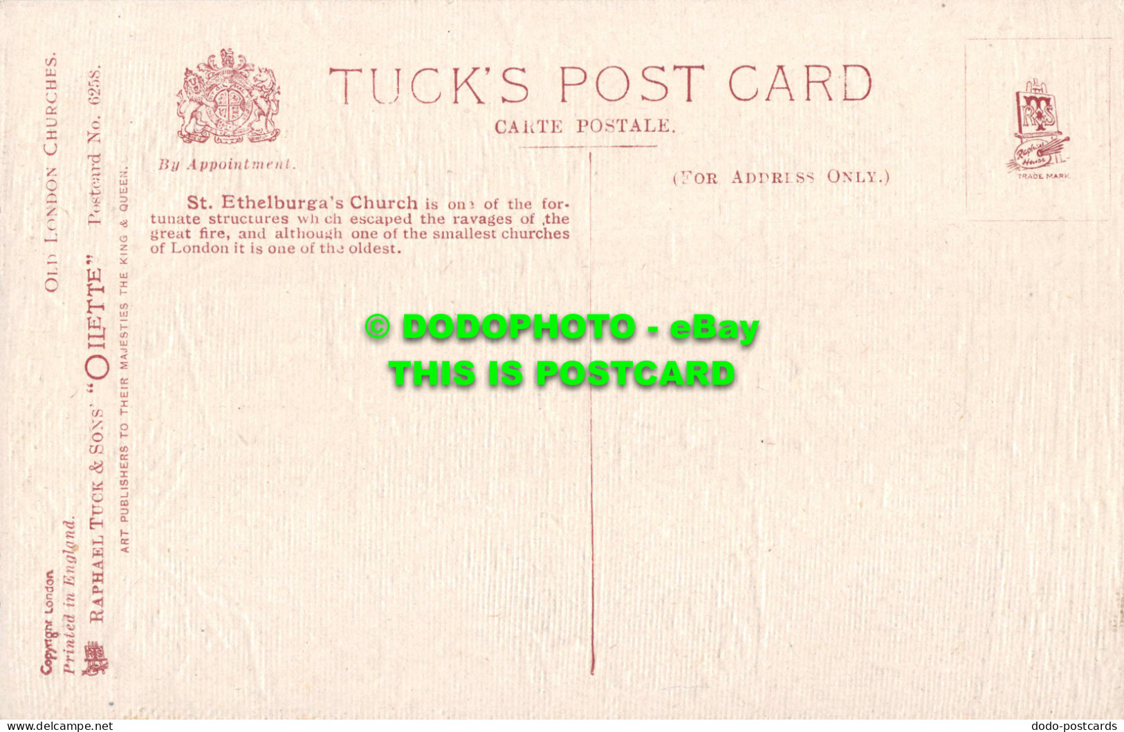 R548082 St. Ethelburgas Church. Old London Churches. Tuck. Oilette. No. 6258 - Other & Unclassified