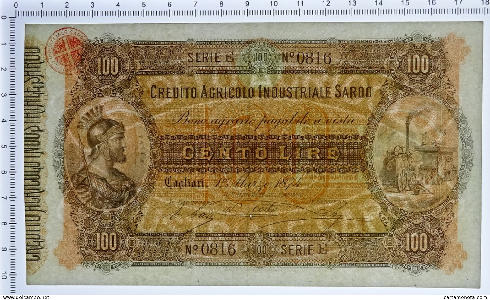 100 LIRE CREDITO AGRICOLO INDUSTRIALE SARDO 01/03/1874 BB/SPL - Altri & Non Classificati