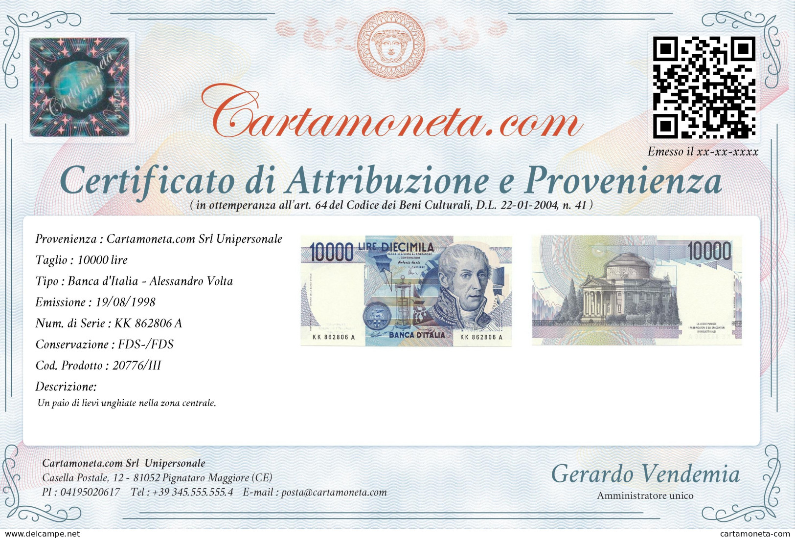 10000 LIRE BANCA D'ITALIA ALESSANDRO VOLTA LETTERA K 19/08/1998 FDS-/FDS - Other & Unclassified