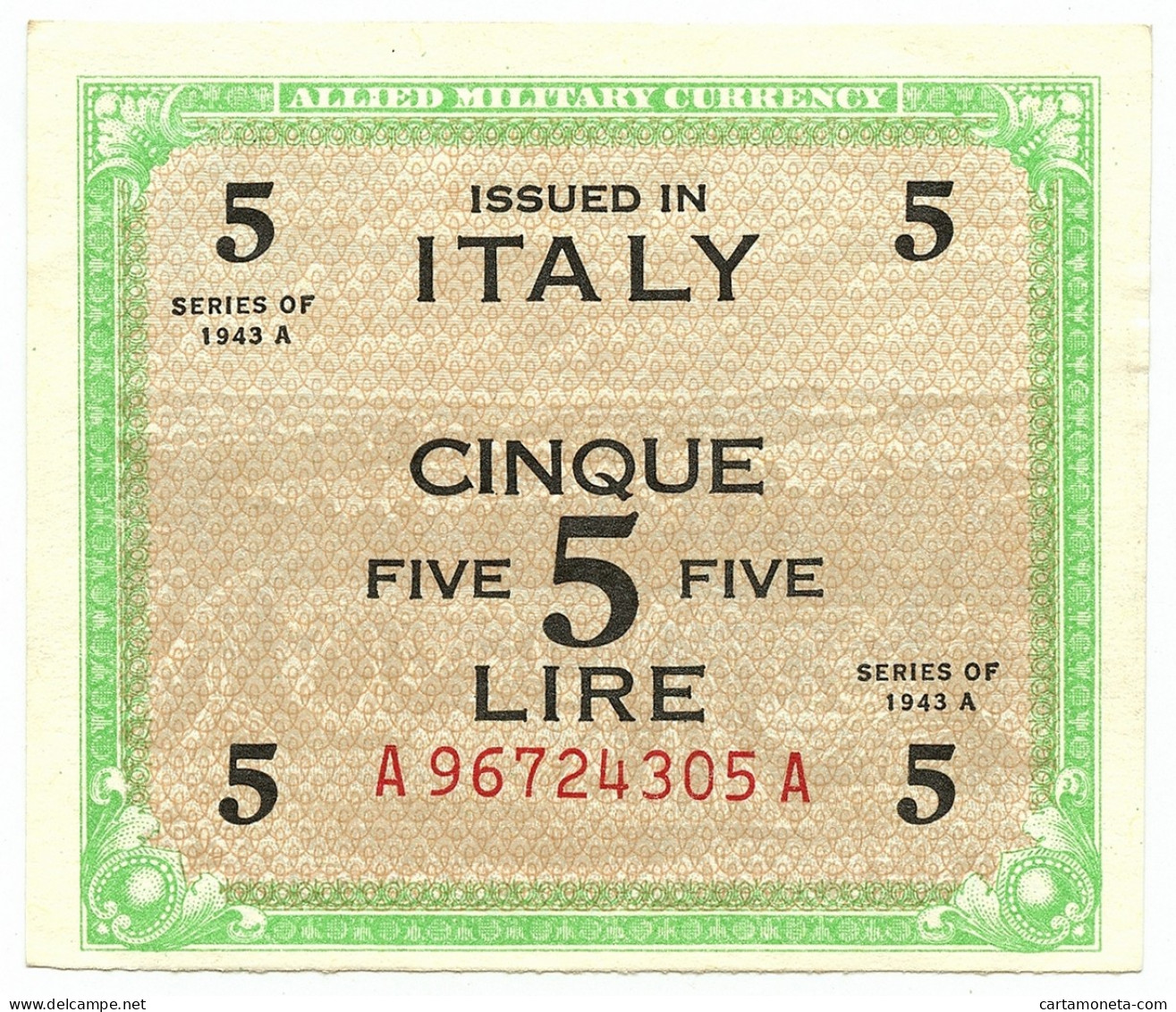 5 LIRE OCCUPAZIONE AMERICANA IN ITALIA BILINGUE FLC A-A 1943 A SUP+ - Geallieerde Bezetting Tweede Wereldoorlog
