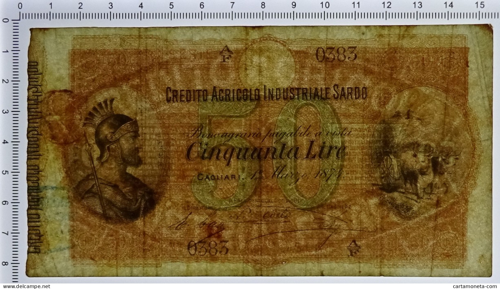 50 LIRE CREDITO AGRICOLO INDUSTRIALE SARDO 01/03/1874 BB - Sonstige & Ohne Zuordnung