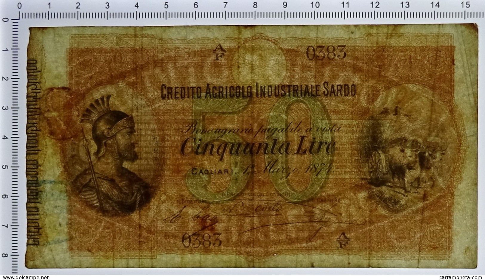 50 LIRE CREDITO AGRICOLO INDUSTRIALE SARDO 01/03/1874 BB - Andere & Zonder Classificatie