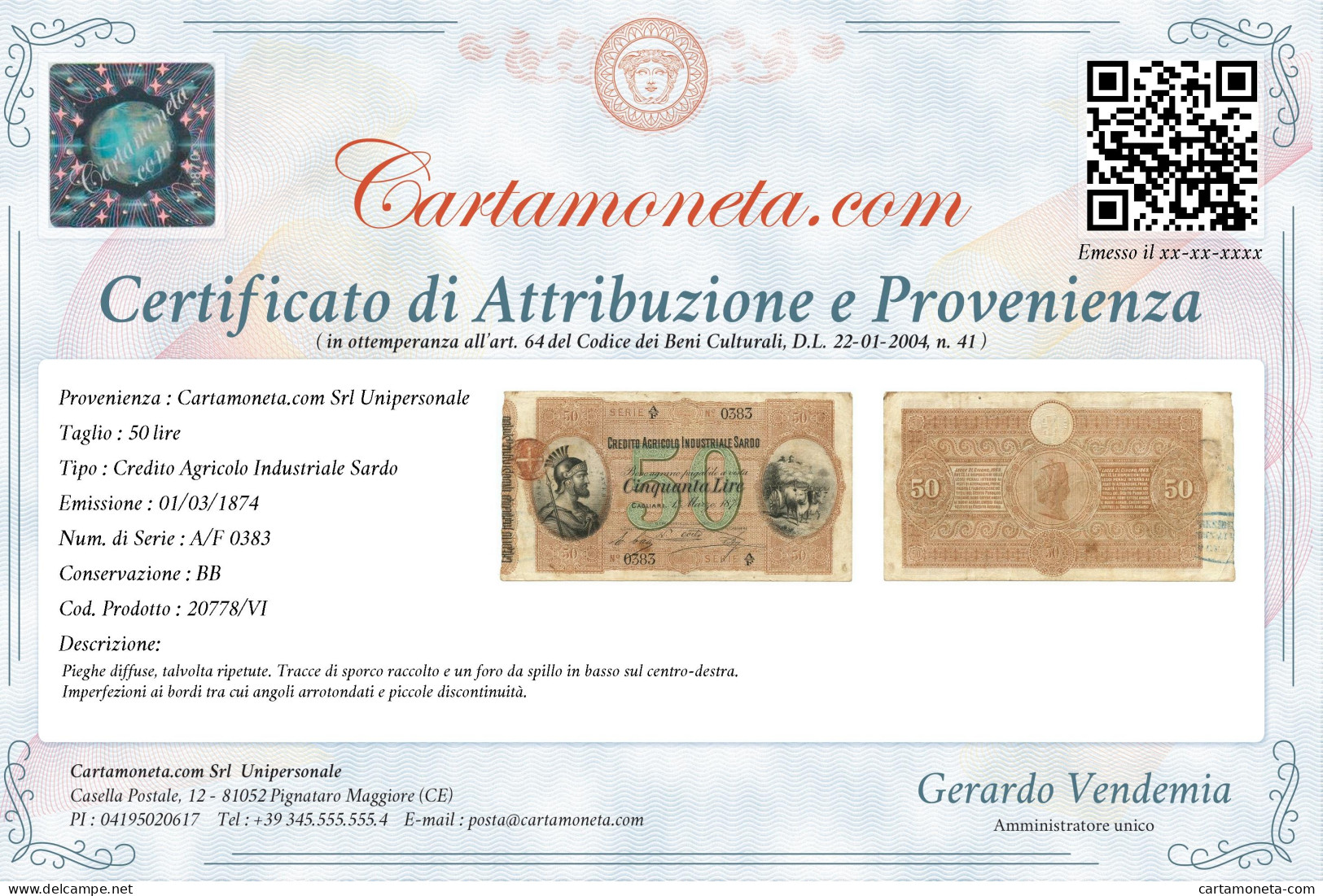 50 LIRE CREDITO AGRICOLO INDUSTRIALE SARDO 01/03/1874 BB - Andere & Zonder Classificatie