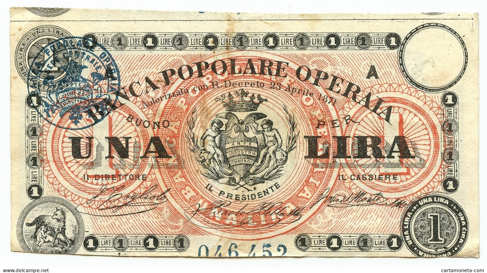 1 LIRA BIGLIETTO FIDUCIARIO BANCA POPOLARE OPERAIA DI ROMA 1872 BB/SPL - Andere & Zonder Classificatie