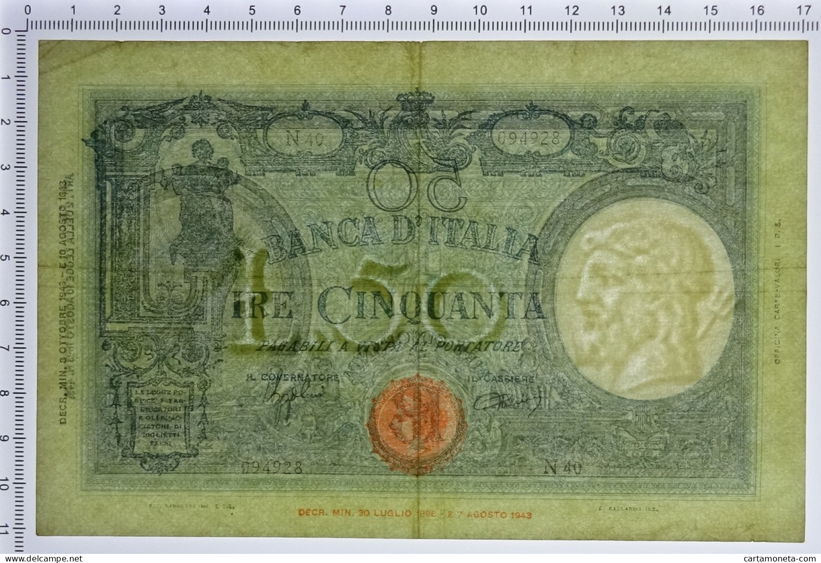 50 LIRE BARBETTI GRANDE L SENZA MATRICE BI RSI 08/10/1943 BB/SPL - Sonstige