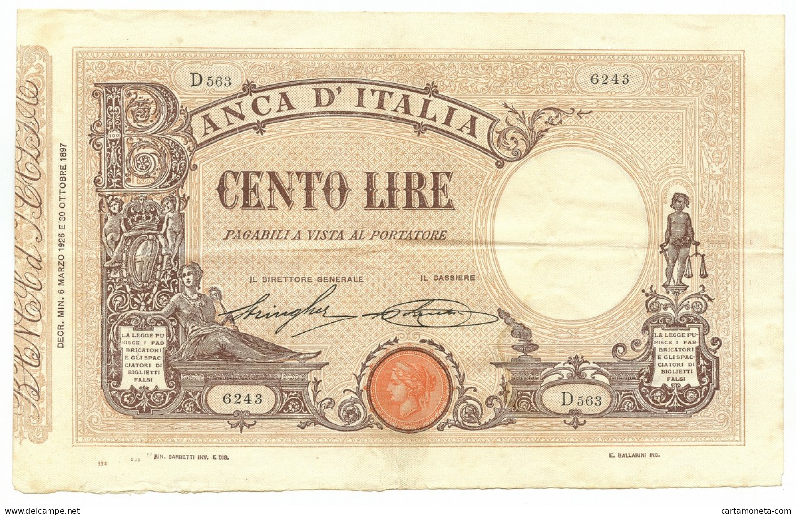 100 LIRE BARBETTI GRANDE B MATRICE LATERALE TESTINA DECRETO 06/03/1926 BB/BB+ - Andere