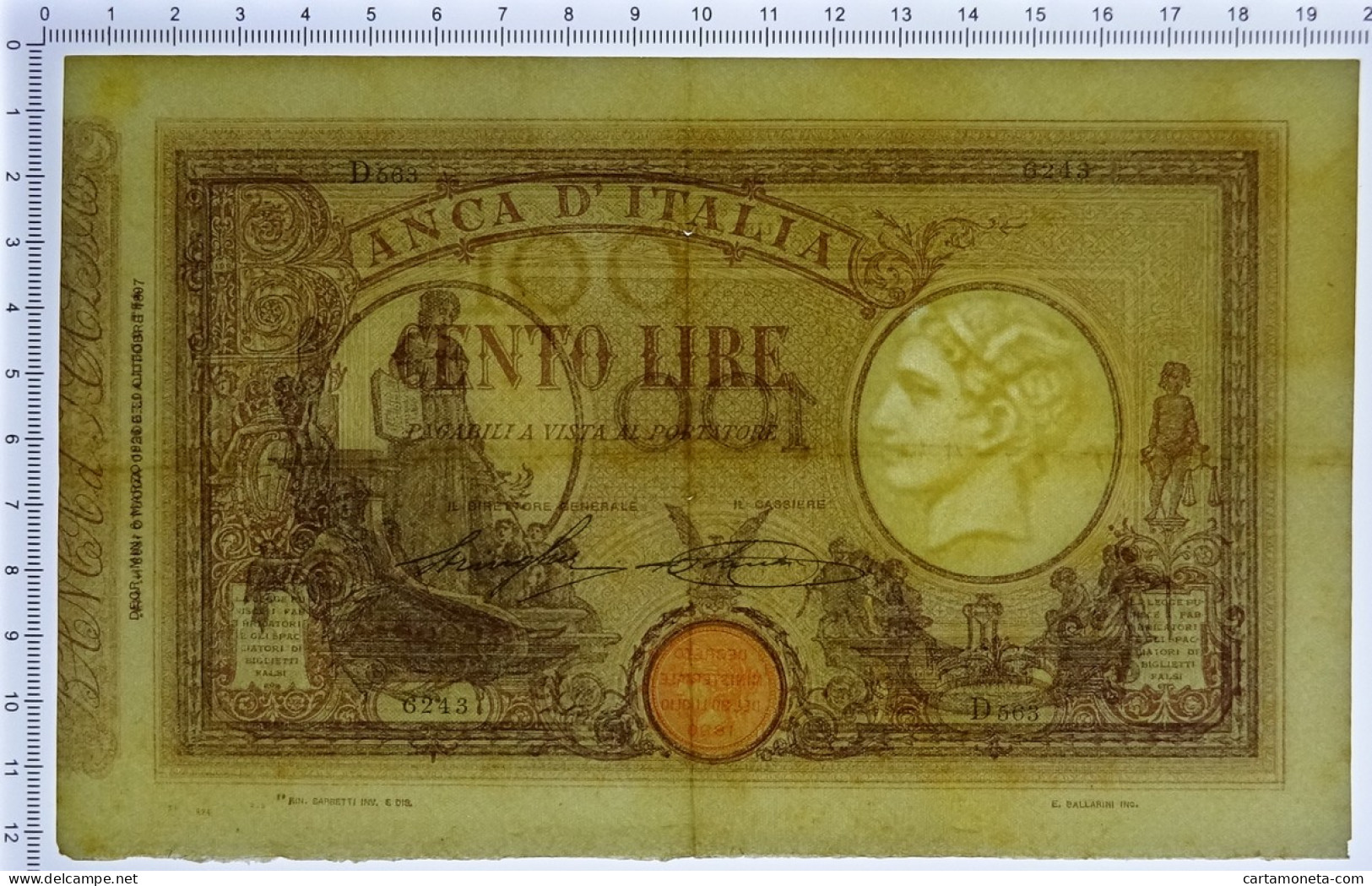 100 LIRE BARBETTI GRANDE B MATRICE LATERALE TESTINA DECRETO 06/03/1926 BB/BB+ - Andere