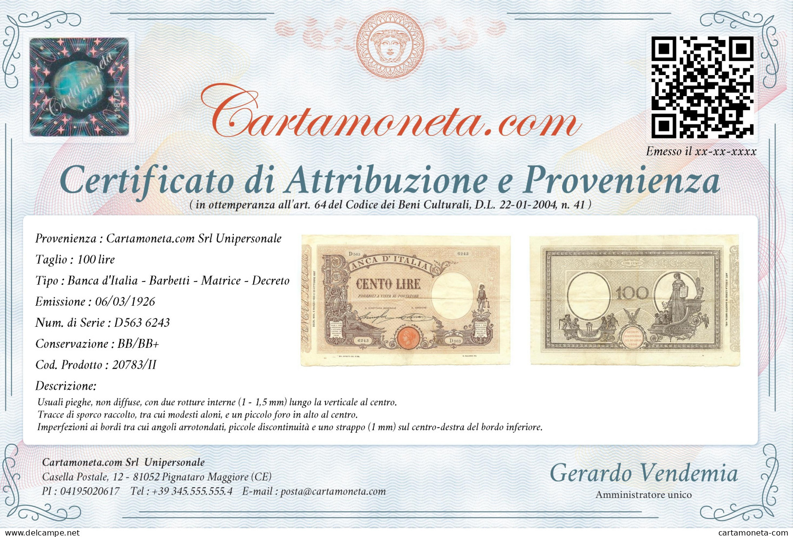 100 LIRE BARBETTI GRANDE B MATRICE LATERALE TESTINA DECRETO 06/03/1926 BB/BB+ - Regno D'Italia – Other