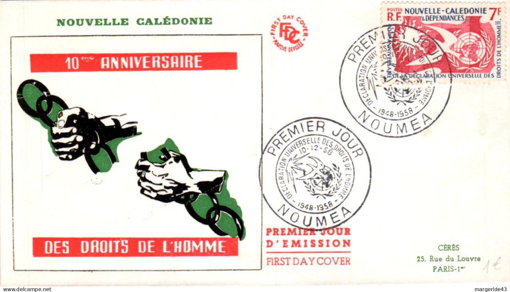 NOUVELLE CALEDONIE FDC 1958 10 ANS DROITS DE L'HOMME - FDC