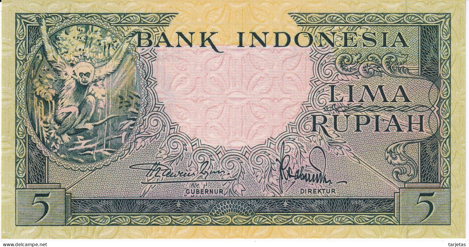 BILLETE DE INDONESIA DE 5 RUPIAH AÑO 1957 SIN CIRCULAR (UNC) MONO-MONKEY (BANKNOTE) - Indonesia