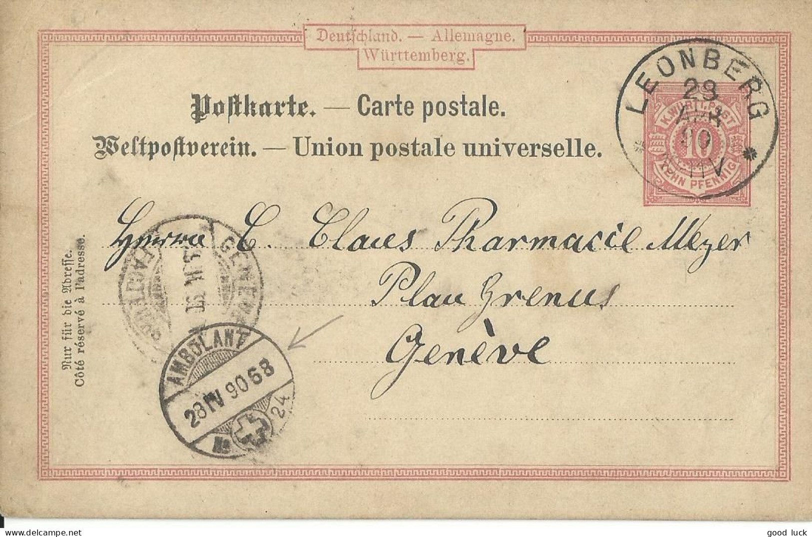 ALLEMAGNE CARTE 10pf LEONBERG  POUR GENEVE ( SUISSE ) + AMBULANT N°24 DE 1890 LETTRE COVER - Cartoline