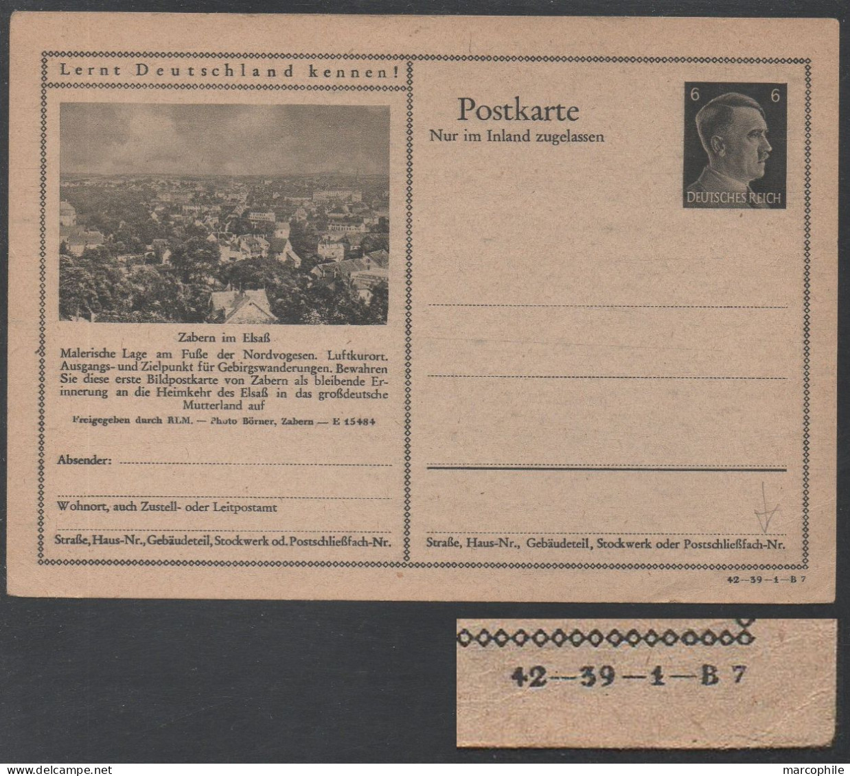 ALSACE OCCUPEE - ZABERN - SAVERNE / 1942 ENTIER POSTAL ILLUSTRE  # 42-39-1-B7 / Storch # L21d / COTE 35.00 € (ref 8264) - Standard Postcards & Stamped On Demand (before 1995)