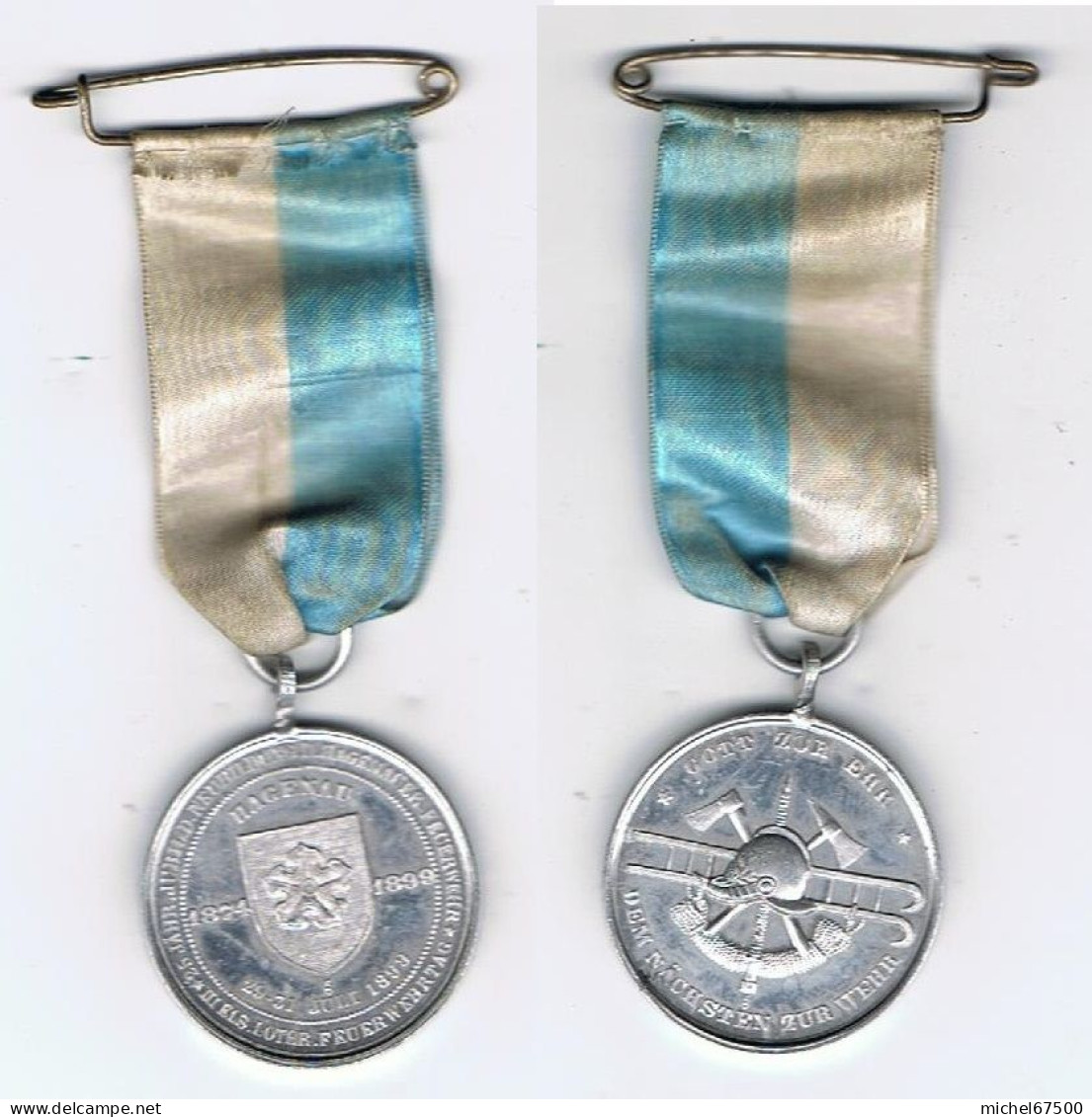 Médaille Jeton POMPIERS HAGUENAU 1899 Avec Son Ruban Et Son épingle D’origine - Pompieri
