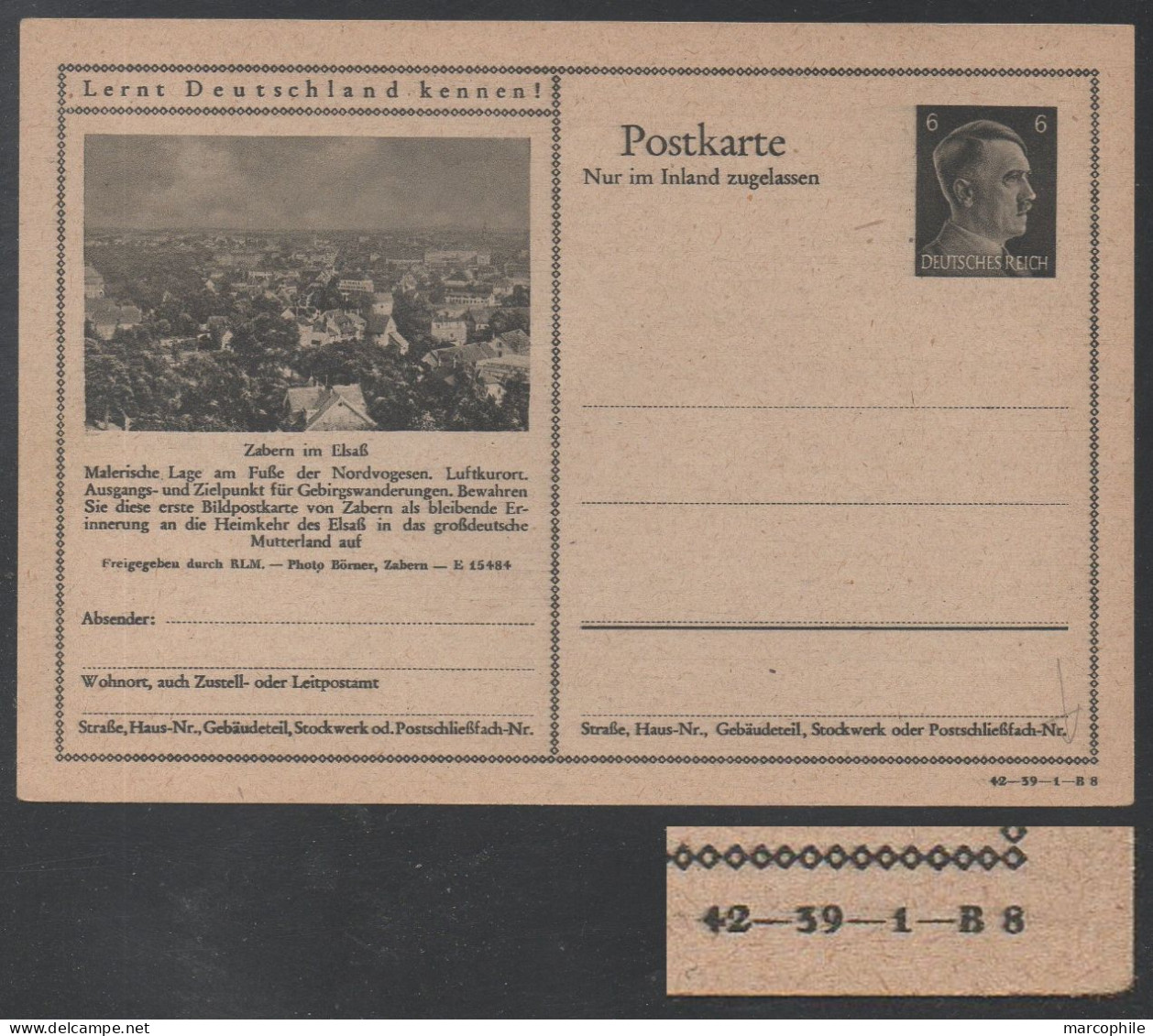 ALSACE OCCUPEE - ZABERN - SAVERNE / 1942 ENTIER POSTAL ILLUSTRE  # 42-39-1-B8 / Storch # L21e / COTE 35.00 € (ref 8264) - Standard Postcards & Stamped On Demand (before 1995)
