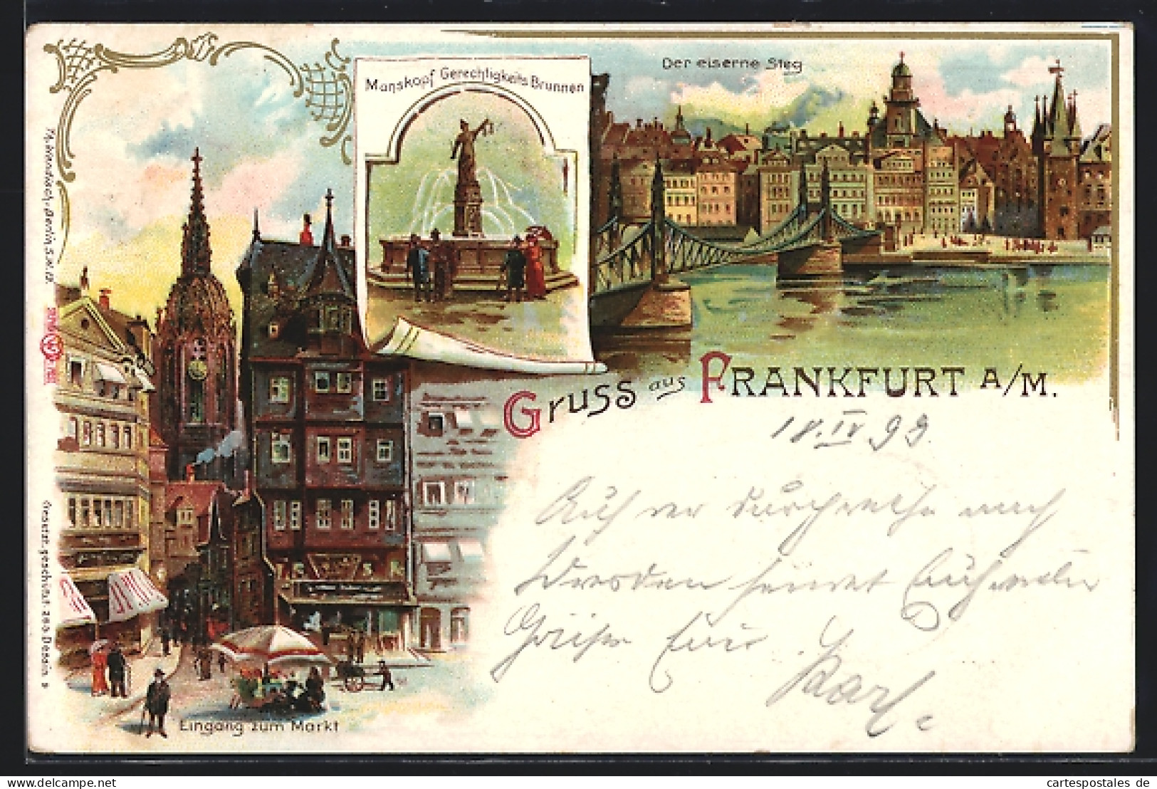 Lithographie Alt-Frankfurt, Manskopf-Gerechtigkeitsbrunnen, Der Eiserne Steg, Eingang Zum Markt Mit Leuten Um 1900  - Frankfurt A. Main