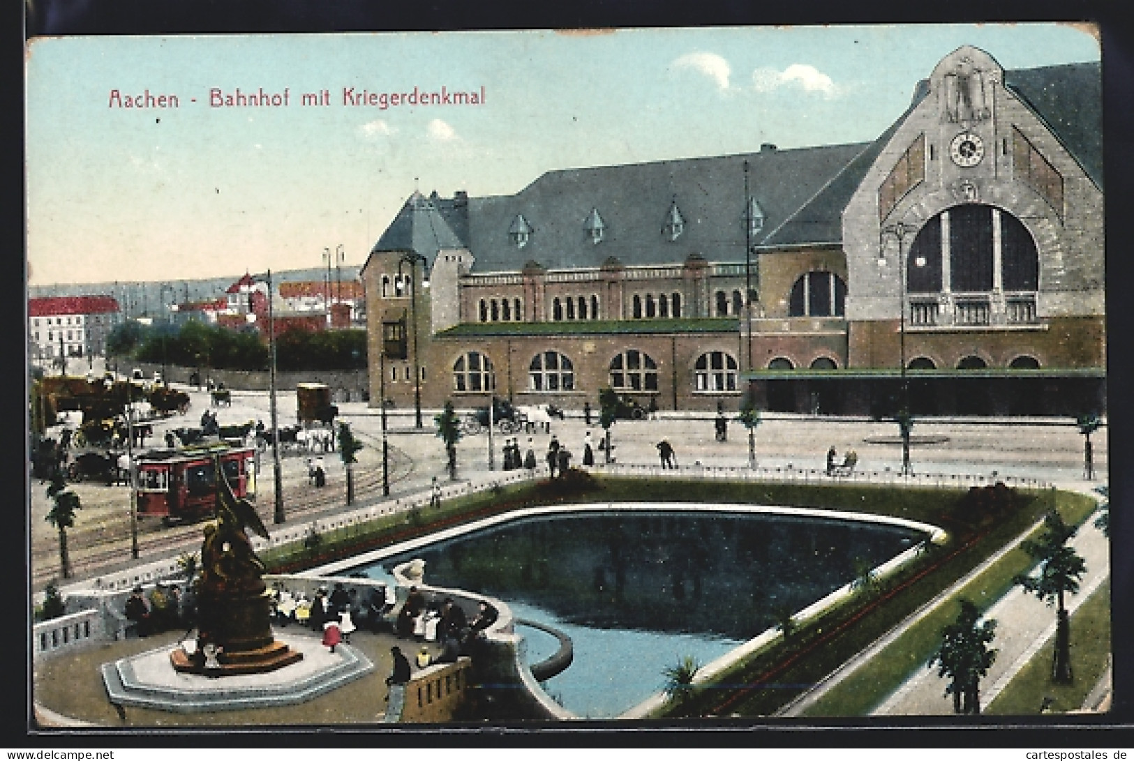 AK Aachen, Bahnhof Mit Kriegerdenkmal Und Strassenbahn  - Strassenbahnen