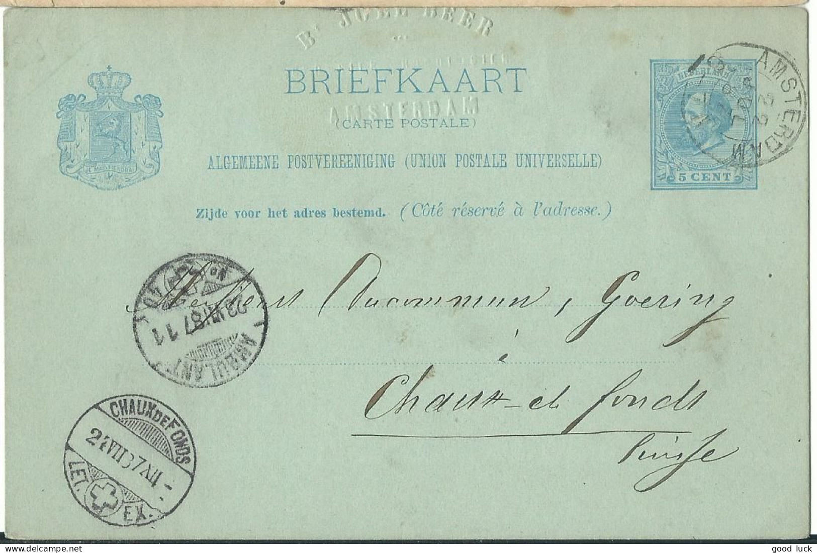 PAYS BAS  CARTE 5c AMSTERDAM POUR CHAUX DE FONDS ( SUISSE ) + AMBULANT N°40 DE 1887 LETTRE COVER - Interi Postali
