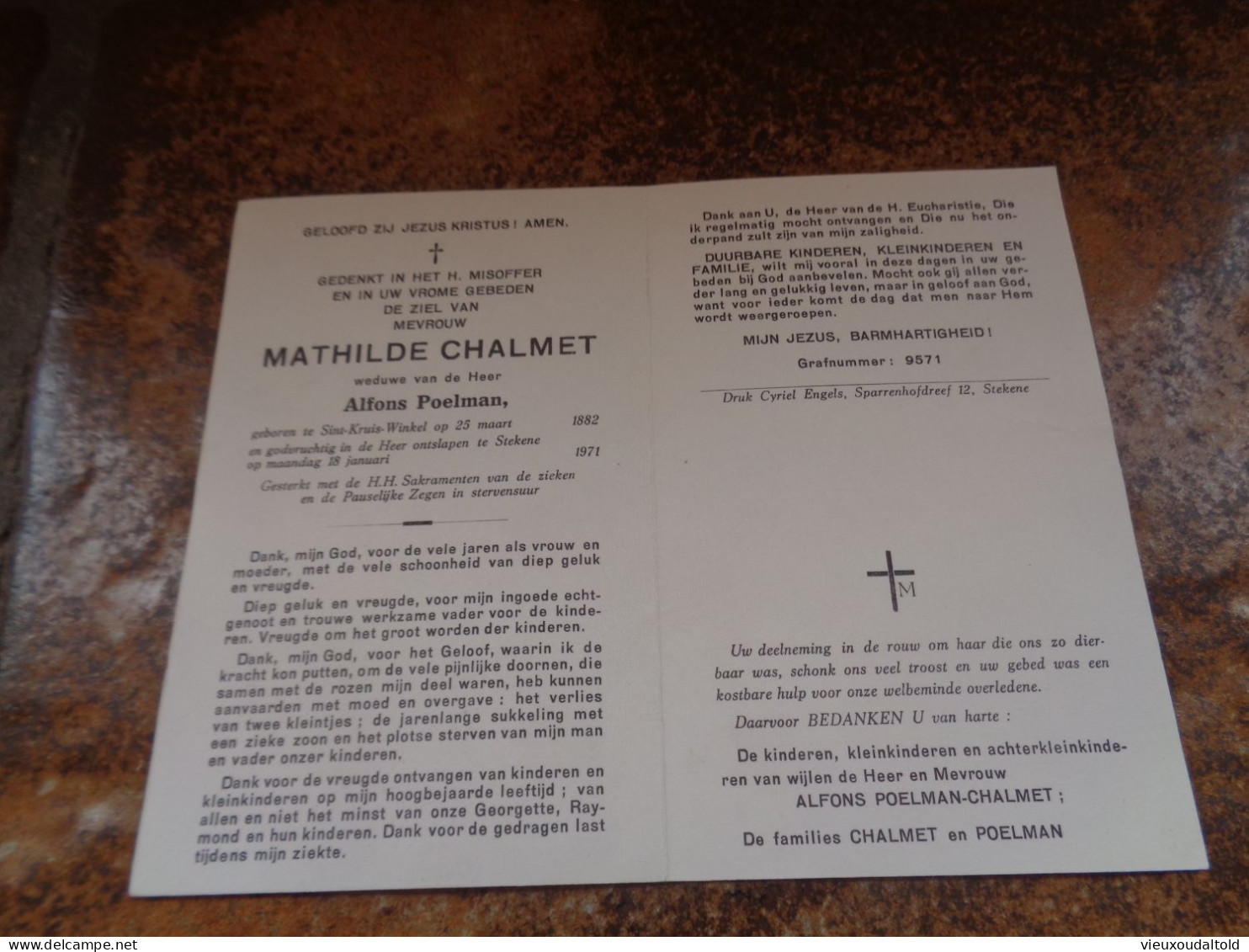Doodsprentje/Bidprentje   MATHILDE CHALMET  St Kruis Winkel 1882-1971 Stekene  (Wwe Alfons Poelman) - Religion & Esotericism