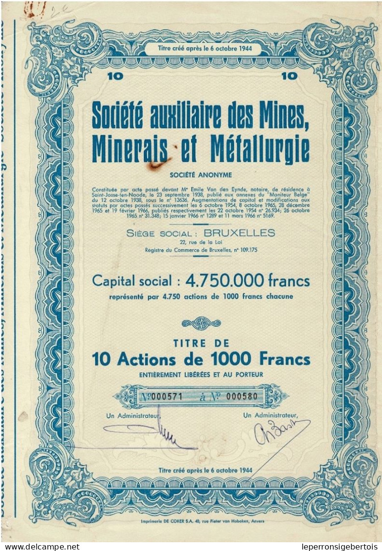 - Titre De 1966 - Société Auxiliaire Des Mines; Minerais Et Métallurgie - - Mijnen