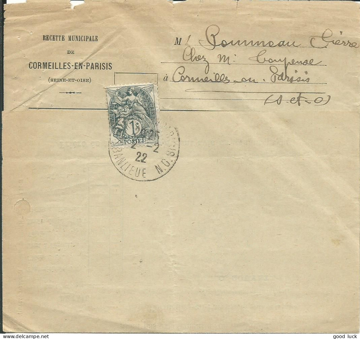 FRANCE LETTRE / AVIS 1c  CORMEILLES EN PARISIS ( SEINE ET OISE ) DE 1922 LETTRE COVER - 1921-1960: Modern Period